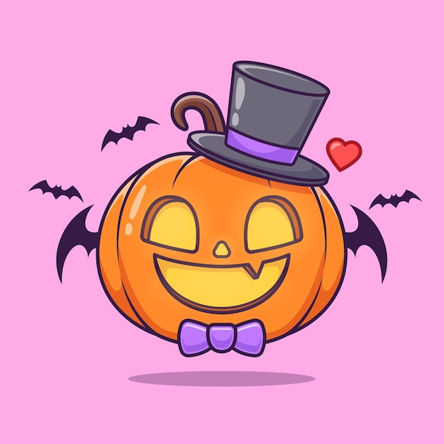Vecteur mignon citrouille hallowen dracula avec chauve-souris dessin animé vecteur icône illustration nourriture vacances icône isolé