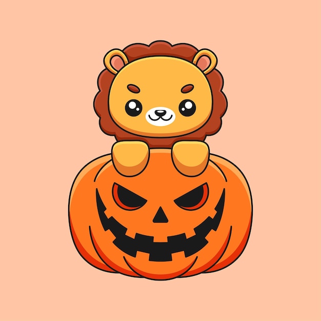 Mignon citrouille lion halloween dessin animé mascotte doodle art dessinés à la main concept vecteur kawaii icône illustration