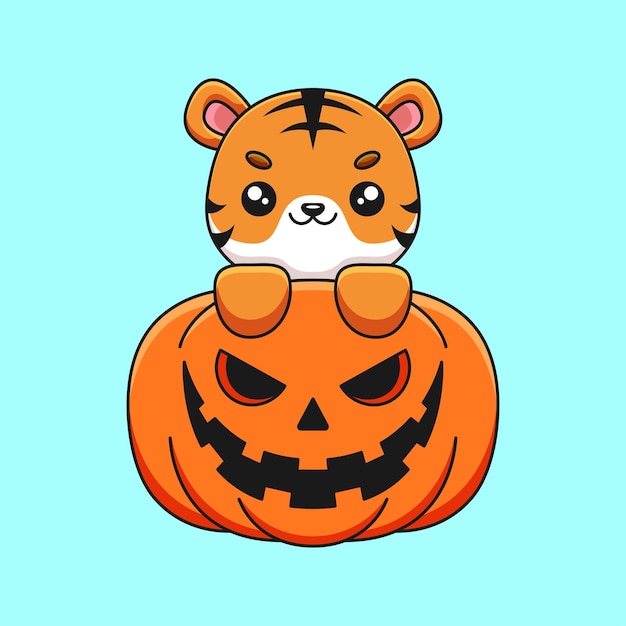 Mignon Citrouille Tigre Halloween Dessin Animé Mascotte Doodle Art Dessinés à La Main Concept Vecteur Kawaii Icône Illustration