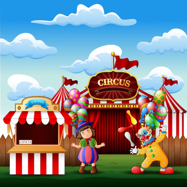 Vecteur mignon un clown et une fille à l'entrée du cirque