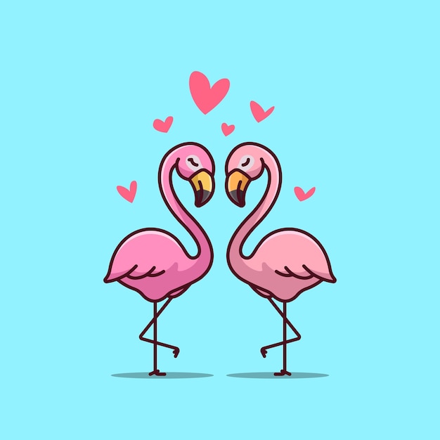 Mignon couple flamant rose amour coeur dessin animé vector illustration nature animale isolé gratuit