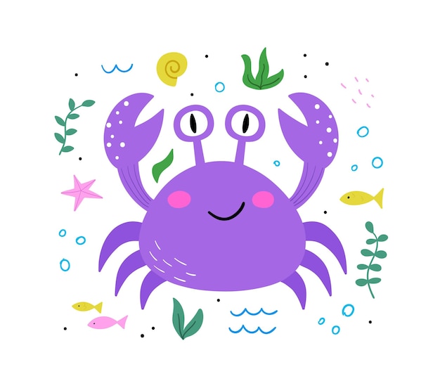 Mignon Crabe De Mer Dessiné à La Main Personnage De Dessin Animé Drôle Isolé Sur Fond Blanc Illustration Vectorielle