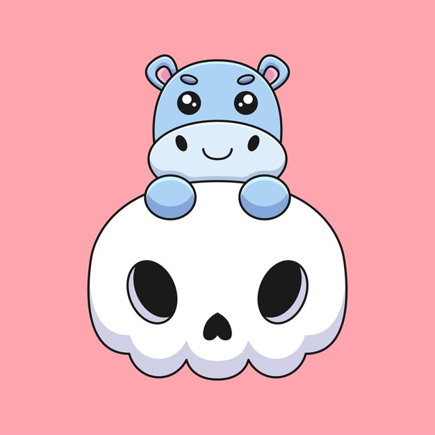 Mignon crâne hippopotame halloween dessin animé mascotte doodle art dessinés à la main concept vecteur kawaii icône illustration