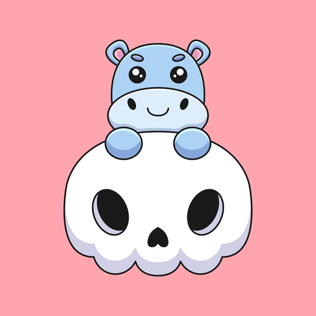 Mignon crâne hippopotame halloween dessin animé mascotte doodle art dessinés à la main concept vecteur kawaii icône illustration