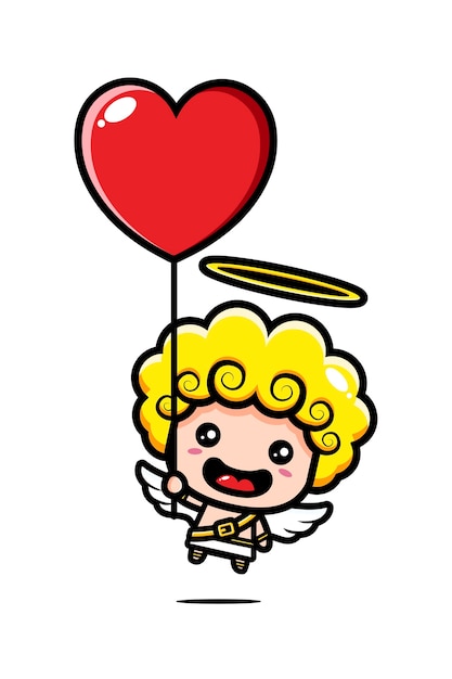 Vecteur mignon cupidon volant avec ballon coeur