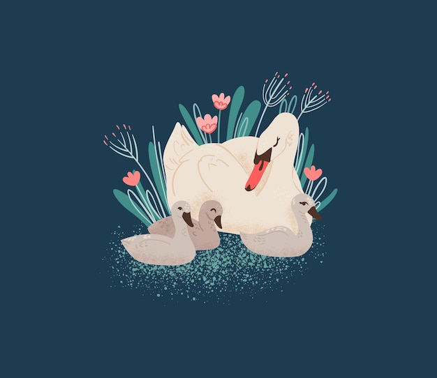 Vecteur mignon cygne mère avec enfants vector illustration swan clipart élément dessiné à la main pour les produits pour enfants