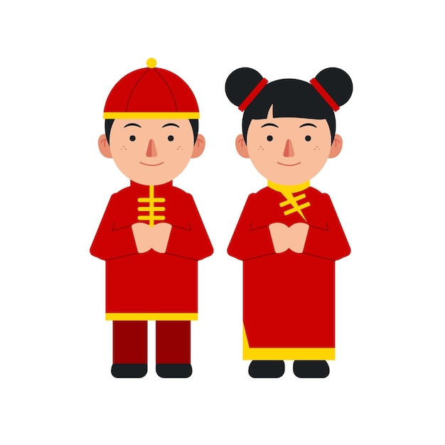 Un mignon dessin animé chinois pour enfants vêtu de vêtements chinois rouges