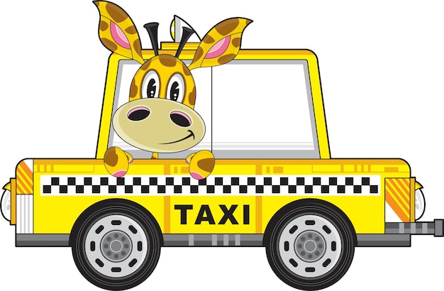 Vecteur mignon, dessin animé, girafe, dans, taxi jaune, taxi, illustration