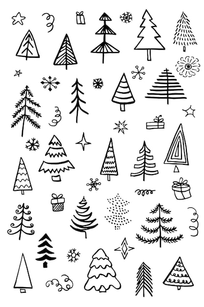 Mignon doodle abstrait conifère pin sapin noël aiguille arbres collection ensemble
