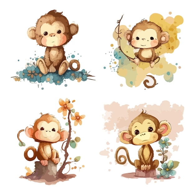 Mignon Doodle Un Style De Dessin Animé De Singe Avec Un Paquet D'illustration Aquarelle