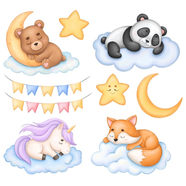 Vecteur mignon, dormir, animaux, sur, nuages, enfant, clipart