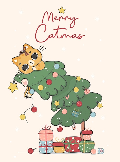 Mignon Drôle Coquin Oragne Gingembre Chaton Chat Suspendu à Noël Décoré Pin Arbre Joyeux Catmas Dessin Animé Animal Personnage Main Dessin Doodle Idée De Vecteur Pour Carte De Voeux