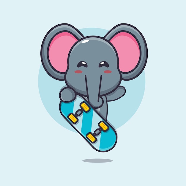 Mignon, éléphant, Mascotte, Dessin Animé, Caractère, à, Planche à Roulettes