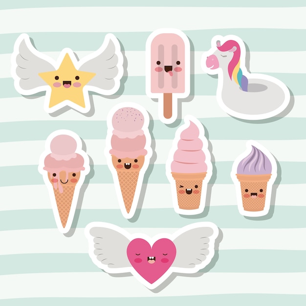 Mignon ensemble de crèmes glacées et étoile et coeur et licorne