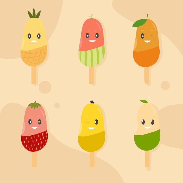 Vecteur mignon, fruit, glace, sur, sticks, dans, kawaii, style, émotion, vecteur, illustration, plat, conception