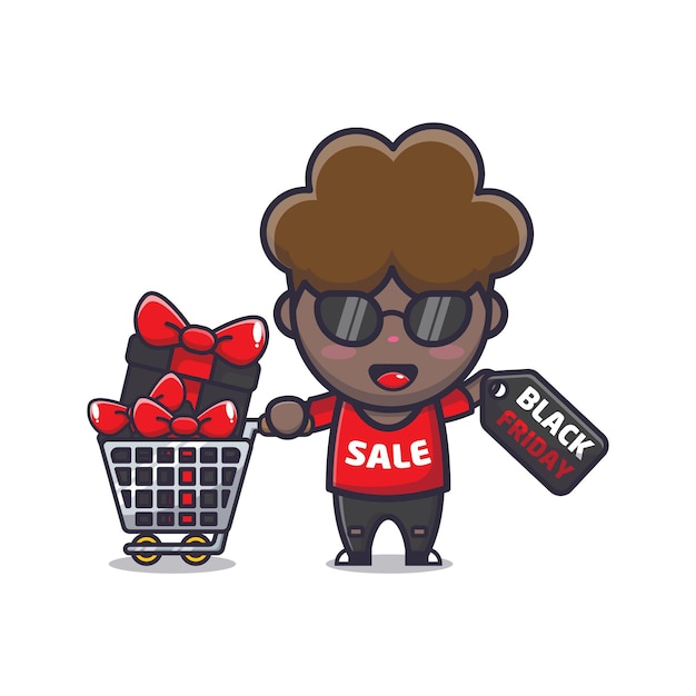 Mignon Garçon Afro En Illustration De Mascotte De Dessin Animé Vente Vendredi Noir