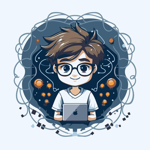 Vecteur un mignon garçon aux lunettes avec un ordinateur portable dans les mains illustration vectorielle