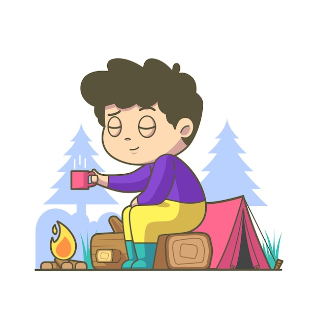 Vecteur mignon, garçon, camping, dans, nature, illustration