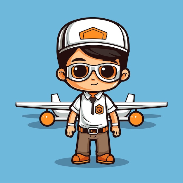 Vecteur un mignon garçon en costume de pilote avec une illustration vectorielle de dessin animé d'avion.