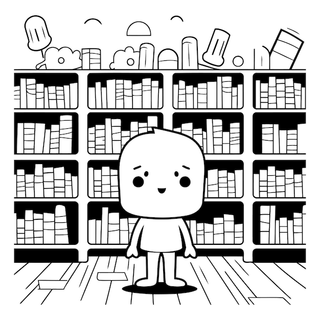 Vecteur un mignon garçon de dessin animé debout dans la bibliothèque illustration vectorielle en noir et blanc