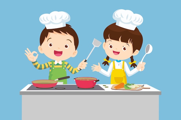 Mignon Garçon Et Fille Cuisiner Dans La Cuisine Heureux Petit Chef Enfants