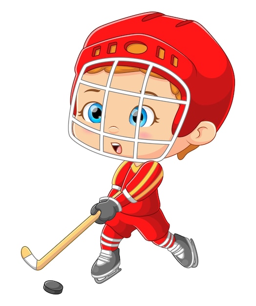 Le Mignon Garçon Joue Au Hockey Avec Un Bâton Et Porte Un Casque De Sécurité