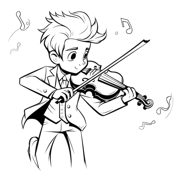 Vecteur un mignon garçon qui joue du violon illustration vectorielle en noir et blanc