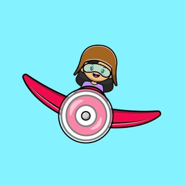 Mignon, Girl, équitation, Avion, Dessin Animé, Vecteur, Icône, Illustration