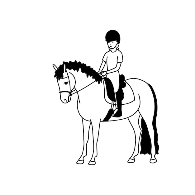 Mignon, Girl, équitation, A, Poney, Dans, Formation, Noir Blanc, Plat, Vecteur, Illustration