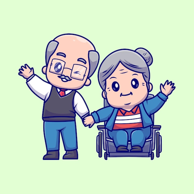 Mignon grand-père et grand-mère Couple sur fauteuil roulant Cartoon Vector Icon Illustration. Les gens aiment