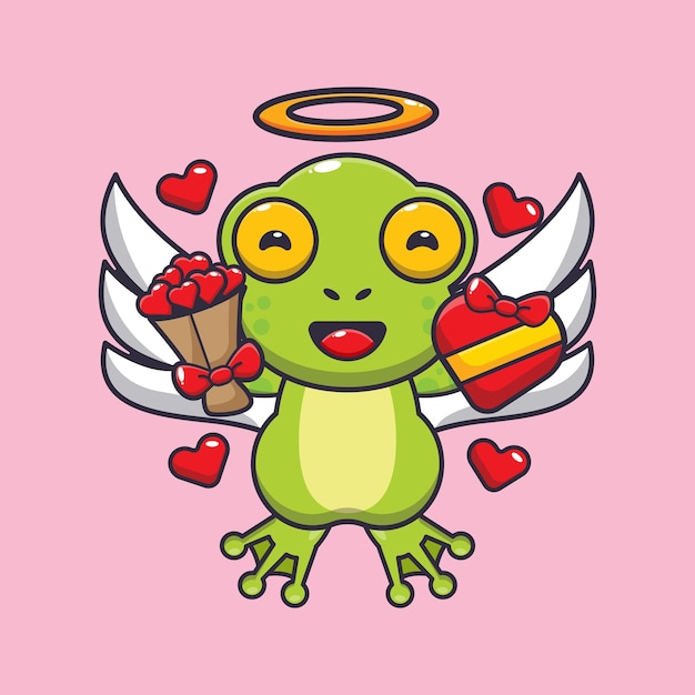 Mignon, Grenouille, Cupidon, Dessin Animé, Caractère, Tenue, Amour, Cadeau, Et, Amour, Bouquet