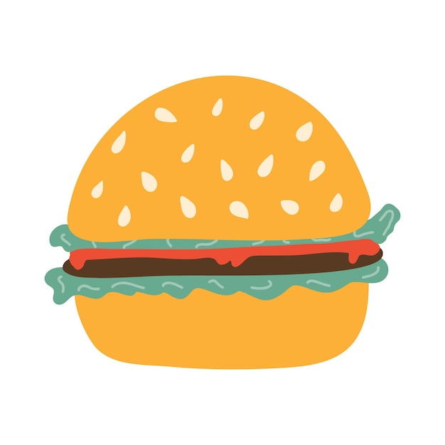 Mignon Gros Hamburger Savoureux Ou Cheeseburger Dans Un Style Plat Restauration Rapide Avec Salade De Pain Ketchup De Boeuf Et Sésame Repas Américain Malsain Clipart D'illustration Vectorielle Dessinés à La Main Isolé Sur Fond