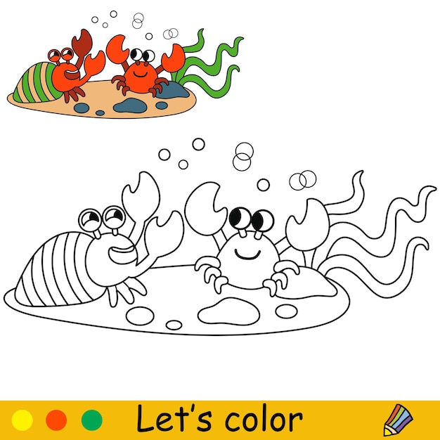 Vecteur mignon et heureux deux crabes rouges sur un fond marin dessin animé vectoriel illustration noir et blanc page de coloriage pour enfants avec un échantillon de couleur pour la conception d'impression affiche autocollant décoration de carte et conception de t-shirt