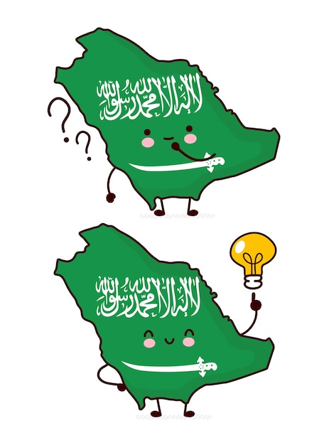 Vecteur mignon heureux drôle de carte de l'arabie saoudite et caractère de drapeau avec point d'interrogation et ampoule