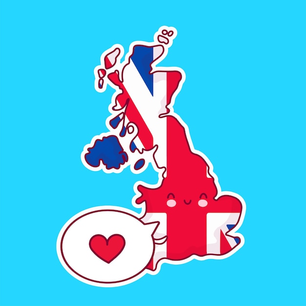 Vecteur mignon heureux drôle de carte du royaume-uni et caractère de drapeau avec coeur dans la bulle de dialogue. icône d'illustration de personnage kawaii de dessin animé. royaume-uni, concept de l'angleterre