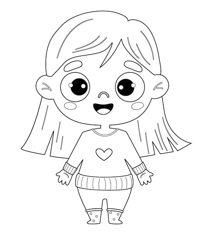 Vecteur mignon, heureux, gosse, girl, contour, dessin, livre coloration