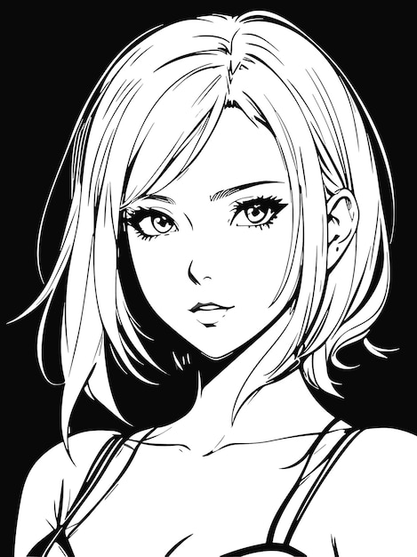 mignon jeune dessin féminin en noir et blanc coloriage anime artstyle illustration portrait