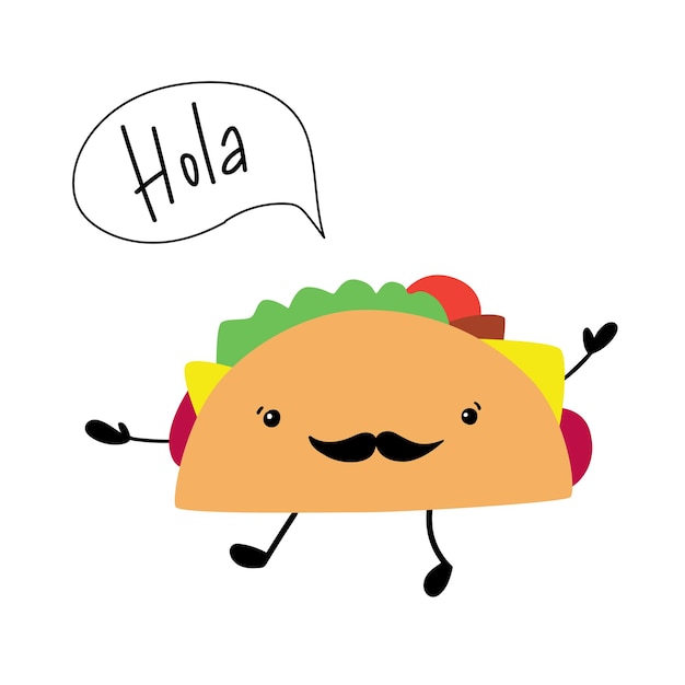 Vecteur mignon joyeux taco drôle et bulle de dialogue hola cuisine mexicaine peut être utilisé pour un dépliant de bannière