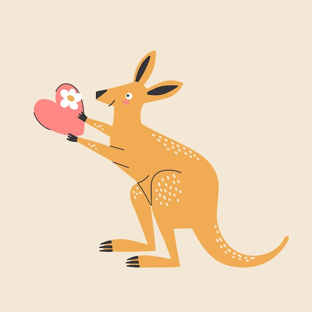 Mignon Kangourou Australien Avec Un Coeur, Illustration Vectorielle De Style Dessin Animé.