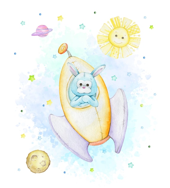 Mignon kangourou fusée soleil lune saturne étoiles clipart aquarelle sur un fond isolé en dessin animé