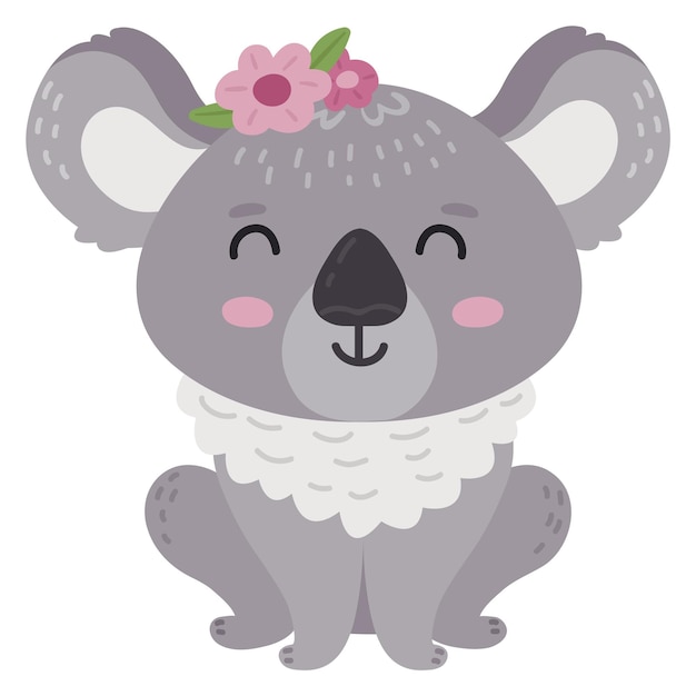 Un mignon koala avec des fleurs Un personnage animal de petite fille isolé sur un fond blanc