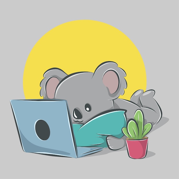 Vecteur mignon koala se coucher et ordinateur portable d'exploitation