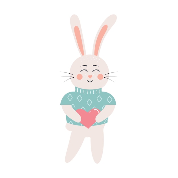 Mignon lapin garçon dans un pull et un coeur dans ses mains Noël Pâques ou lapin de Saint Valentin