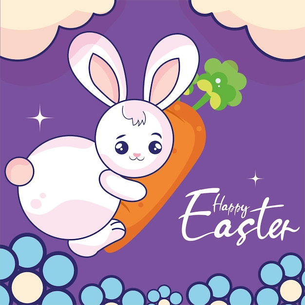 Mignon lapin kawaii avec une carotte Joyeuses pâques illustration vectorielle