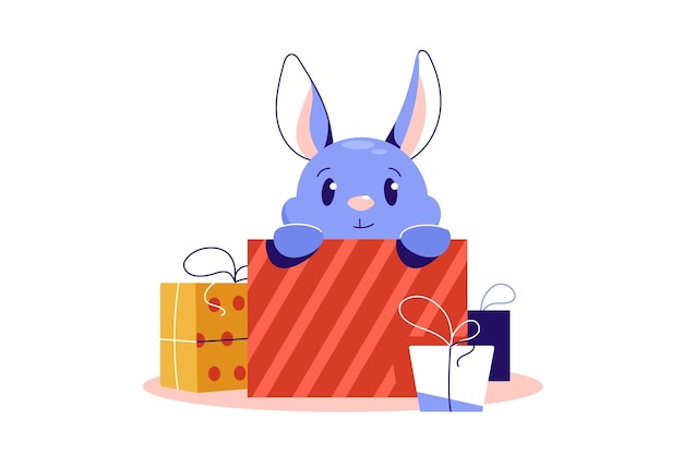 Vecteur mignon lapin de pâques assis dans une boîte-cadeau lapin lièvre élément de conception pour les invitations ou les cartes-cadeaux