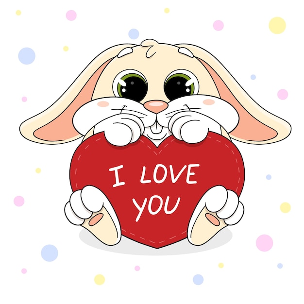 Vecteur un mignon lapin peint tient une carte coeur rouge pour la saint valentin avec l'inscription je t'aime