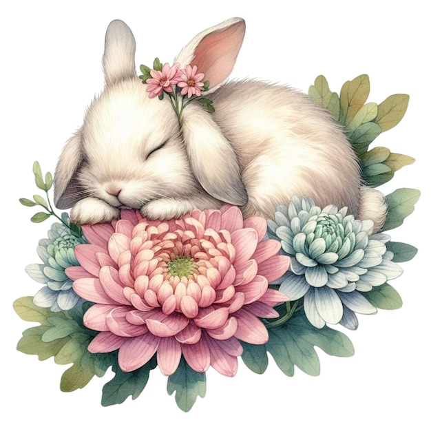 Vecteur un mignon lapin qui dort sur une fleur clipart aquarelles