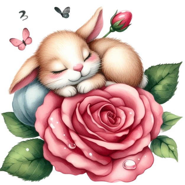 Vecteur un mignon lapin qui dort sur une fleur clipart aquarelles