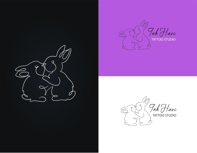 Vecteur un mignon lapin qui embrasse dans le style artistique de la ligne pour l'entreprise de studio de tatouage logo minimaliste