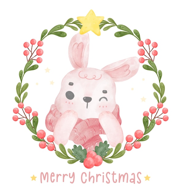 Mignon Lapin Rose Porter Une écharpe Dans Le Vecteur D'illustration Aquarelle De Personnage De Dessin Animé De Cadre De Gui De Guirlande De Noël